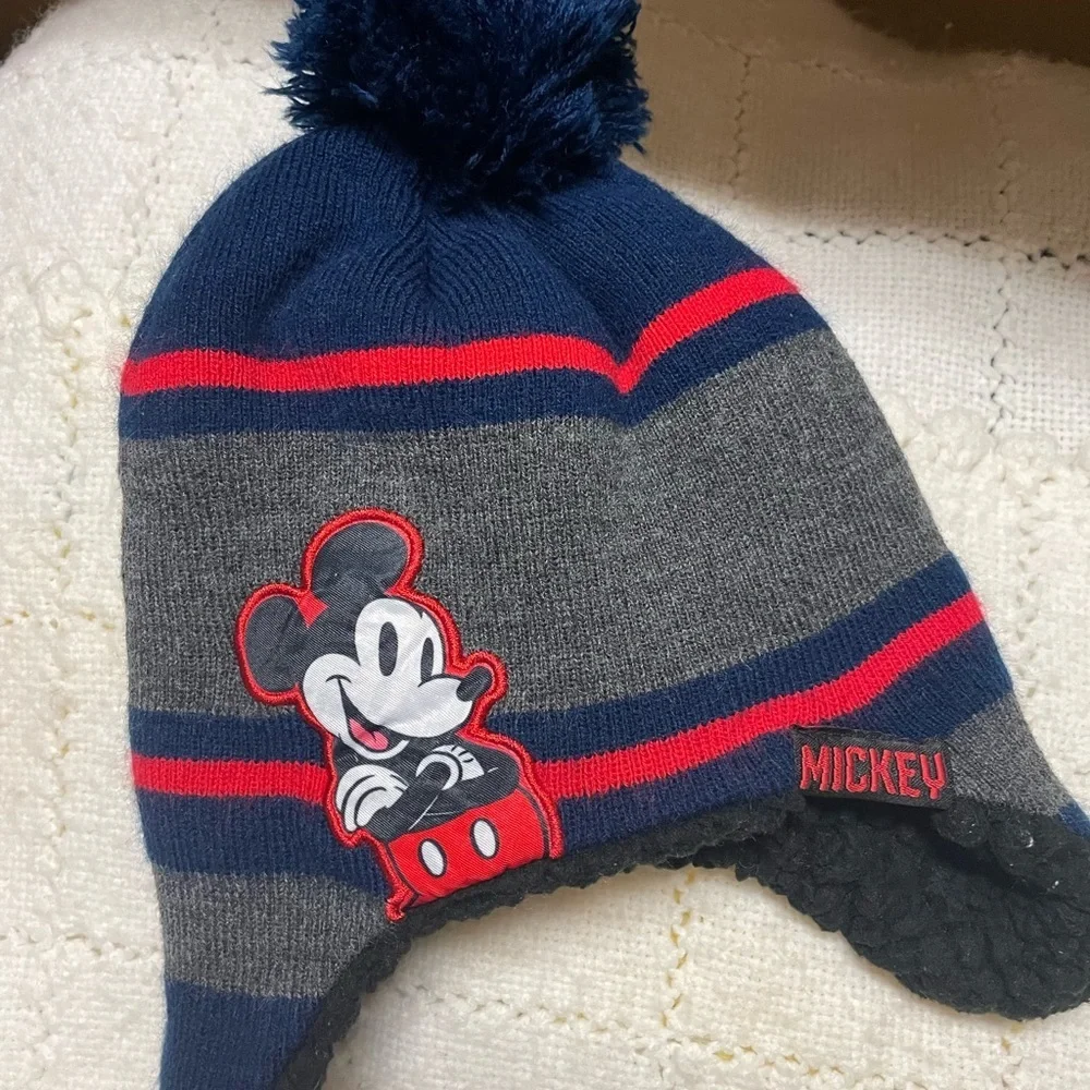 Disney Mickey Mouse Striped Hat - Navy and Charcoal Kids Beanie Winter ski hat